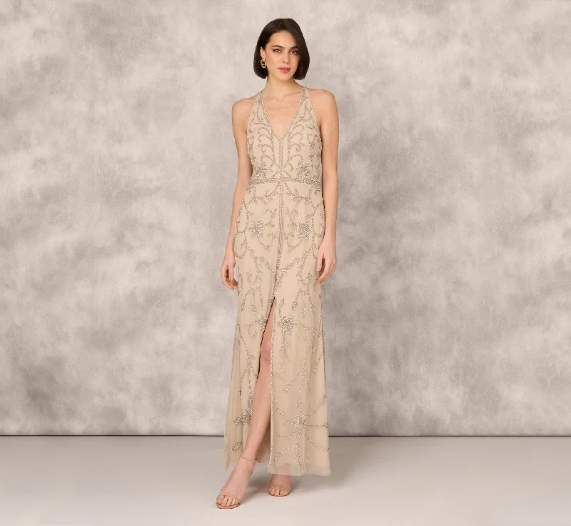 formal dresses for winter galas with fur collars --Flourish Beaded Halter Gown With Open Back In Biscotti formal dresses for winter galas with fur collars --Flourish Beaded Halter Gown With Open Back In Biscotti