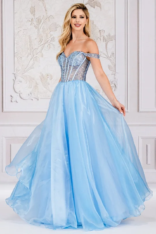 cocktail dresses with lace sleeves for modesty --Beaded Off Shoulder Organza Gown by Amelia Couture 7040