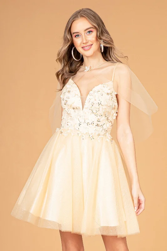 Trendy pastel-colored dresses for garden parties -3D Floral Short Glitter Cape Dress by Elizabeth K GS3089 Trendy pastel-colored dresses for garden parties -3D Floral Short Glitter Cape Dress by Elizabeth K GS3089