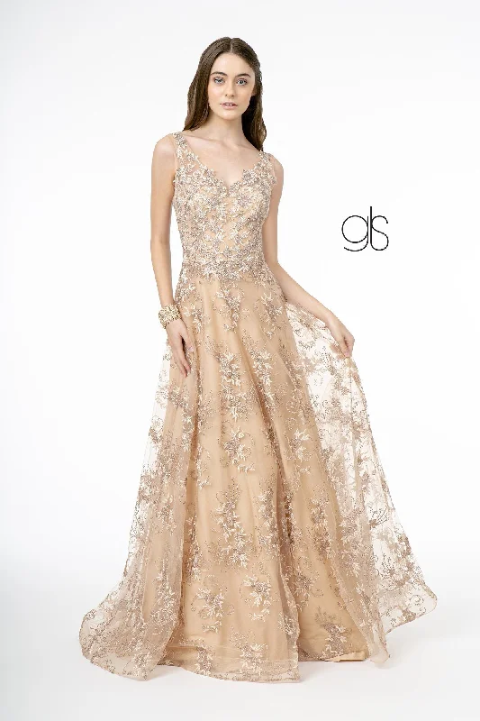 Chic wedding guest dresses for weddings with a modern twist -Embroidered Long Sleeveless V-Neck Dress by Elizabeth K GL2884 Chic wedding guest dresses for weddings with a modern twist -Embroidered Long Sleeveless V-Neck Dress by Elizabeth K GL2884