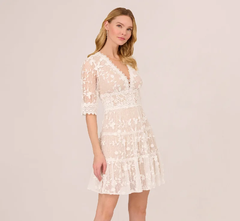 Spring dresses for casual picnics with lightweight fabrics -Lace Embroidered V Neck Dress With Elbow Sleeves In Ivory Nude Spring dresses for casual picnics with lightweight fabrics -Lace Embroidered V Neck Dress With Elbow Sleeves In Ivory Nude