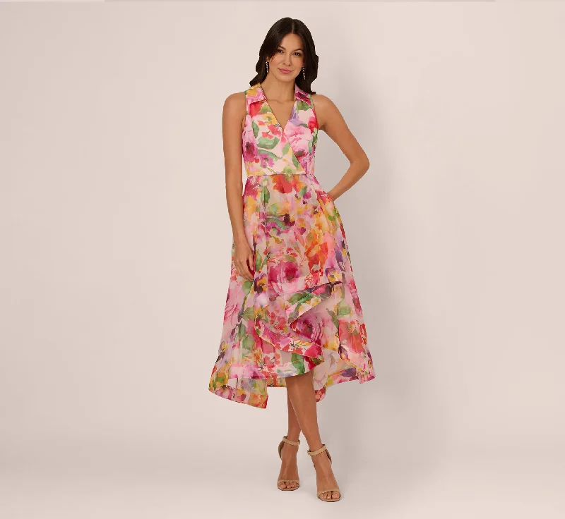 Wedding guest dresses for casual yet chic evening affairs -Sleeveless Floral Organza Collared High Low Dress In Pink Multi Wedding guest dresses for casual yet chic evening affairs -Sleeveless Floral Organza Collared High Low Dress In Pink Multi