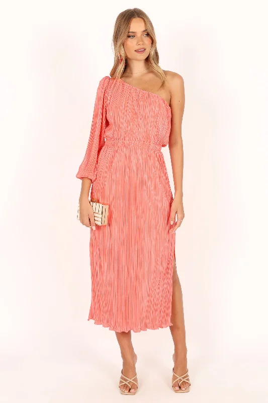 Wedding guest dresses that are comfortable yet chic -Pontee One Shoulder Pleated Midi Dress - Coral Wedding guest dresses that are comfortable yet chic -Pontee One Shoulder Pleated Midi Dress - Coral