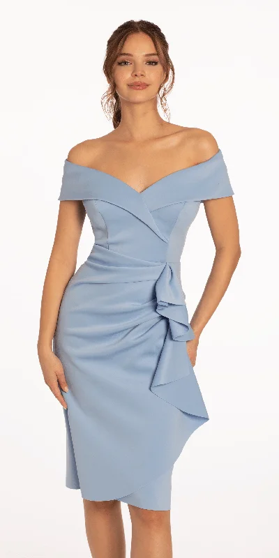 Romantic pink party dresses for women -Off the Shoulder Midi Scuba Dress with Side Cascade Romantic pink party dresses for women -Off the Shoulder Midi Scuba Dress with Side Cascade