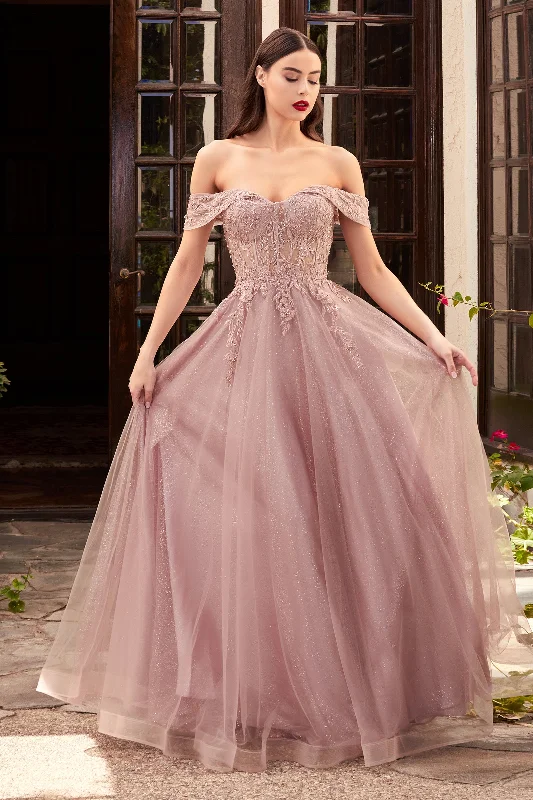 Wedding guest dresses with intricate beading for extra glamour -Lace Off Shoulder Gown by Cinderella Divine CD961 Wedding guest dresses with intricate beading for extra glamour -Lace Off Shoulder Gown by Cinderella Divine CD961