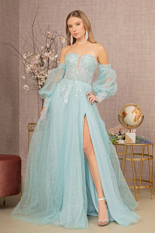 Wedding guest dresses in vibrant colors for lively weddings -Glitter Puff Sleeve Slit Gown by GLS Gloria GL3118 Wedding guest dresses in vibrant colors for lively weddings -Glitter Puff Sleeve Slit Gown by GLS Gloria GL3118
