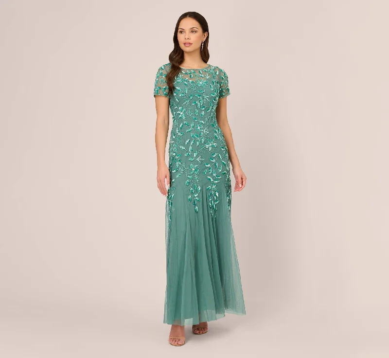 formal dresses for prom with sweetheart necklines --Hand Beaded Short Sleeve Floral Godet Gown In Green Slate
