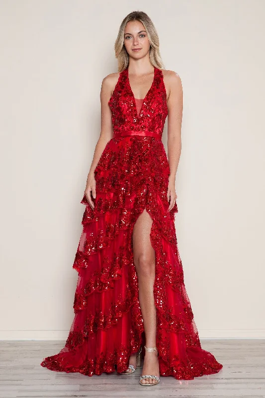 cocktail dresses with velvet finishes for winter warmth --Applique Halter Tiered Slit Gown by Poly USA 9618 cocktail dresses with velvet finishes for winter warmth --Applique Halter Tiered Slit Gown by Poly USA 9618