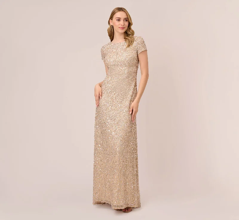 formal dresses for plus size women with A-line skirts --Scoop Back Sequin Gown In Champagne formal dresses for plus size women with A-line skirts --Scoop Back Sequin Gown In Champagne