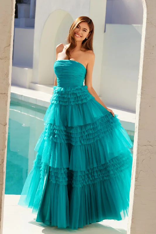 cocktail dresses with ruched bodices for flattering fit --Strapless Tiered A-line Slit Gown by Juliet JT2542S cocktail dresses with ruched bodices for flattering fit --Strapless Tiered A-line Slit Gown by Juliet JT2542S