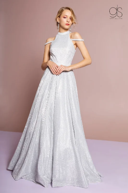 Simple and elegant dresses for wedding guests -High Neck Cold Shoulder Glitter Crepe Gown by Elizabeth K GL2664 Simple and elegant dresses for wedding guests -High Neck Cold Shoulder Glitter Crepe Gown by Elizabeth K GL2664