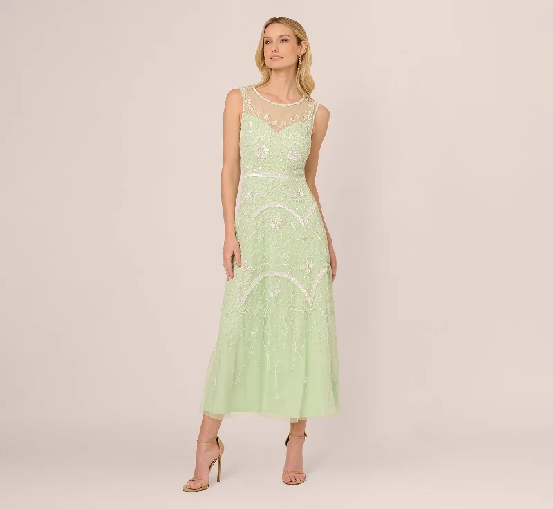 Wedding guest dresses for a modern and bold appearance -Beaded Ankle-Length Dress With Sheer Neckline In Aloe Mist Ivory Wedding guest dresses for a modern and bold appearance -Beaded Ankle-Length Dress With Sheer Neckline In Aloe Mist Ivory