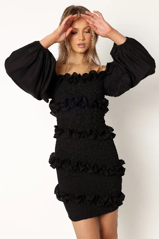 Trendy summer cocktail party dresses -Reba Off Shoulder Mini Dress - Black