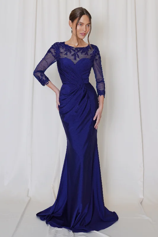 Vintage-inspired wedding guest dresses for retro vibes -Applique Fitted Long Sleeve Gown by Juno M1040 Vintage-inspired wedding guest dresses for retro vibes -Applique Fitted Long Sleeve Gown by Juno M1040