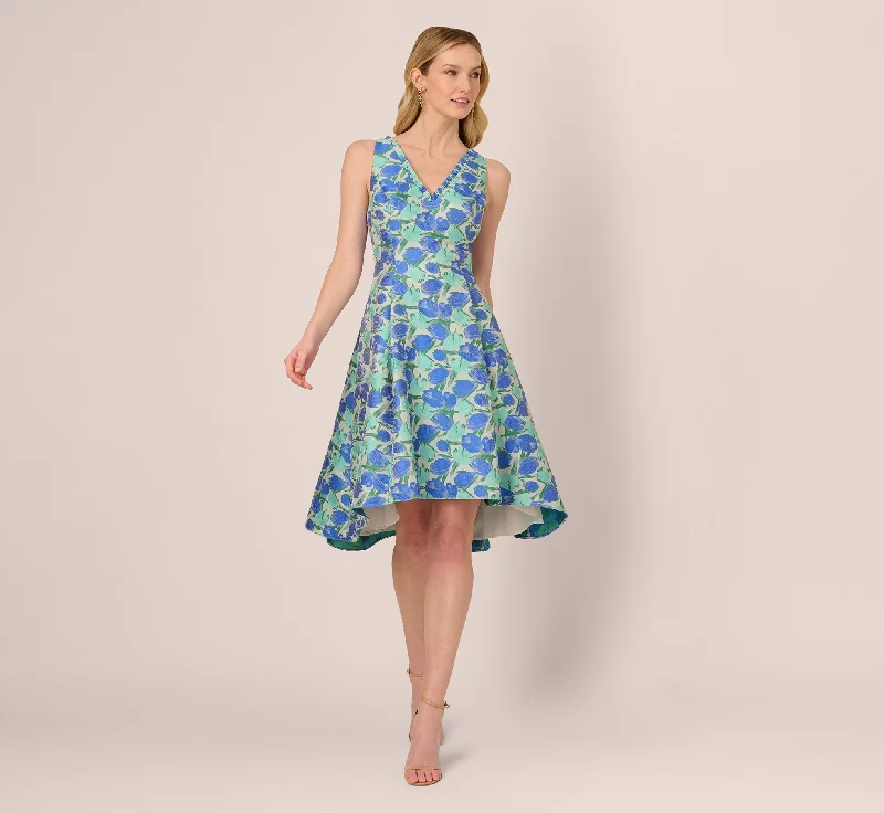 Spring dresses for evening parties with chic vibes -Sleeveless Tulip Jacquard Fit And Flare Midi Dress In Blue Green Multi Spring dresses for evening parties with chic vibes -Sleeveless Tulip Jacquard Fit And Flare Midi Dress In Blue Green Multi