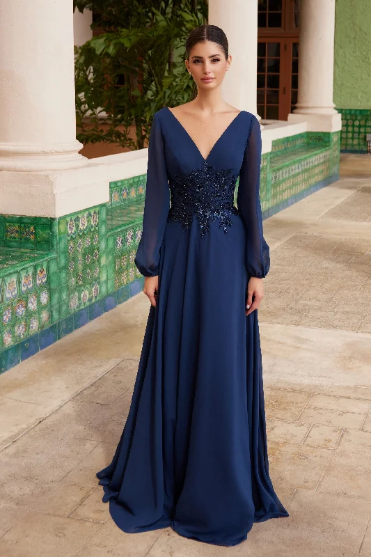 Chic cocktail dresses for wedding guest attire -Chiffon Lang Sleeve Gown by Nox Anabel ME128 Chic cocktail dresses for wedding guest attire -Chiffon Lang Sleeve Gown by Nox Anabel ME128