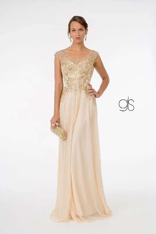 Wedding guest dresses with fitted bodices for a flattering fit -Long Cap Sleeve Chiffon Dress by Elizabeth K GL1826 Wedding guest dresses with fitted bodices for a flattering fit -Long Cap Sleeve Chiffon Dress by Elizabeth K GL1826