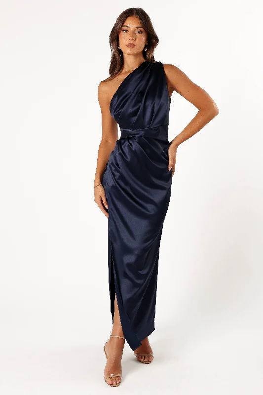 formal dresses with mesh sleeves for subtle coverage --Nadia One Shoulder Maxi Dress - Navy formal dresses with mesh sleeves for subtle coverage --Nadia One Shoulder Maxi Dress - Navy