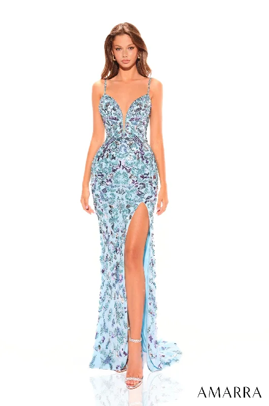 Wedding guest dresses with unique prints for a fun vibe -Fitted Sequin Applique Sleeveless Slit Gown by Amarra 94003 Wedding guest dresses with unique prints for a fun vibe -Fitted Sequin Applique Sleeveless Slit Gown by Amarra 94003