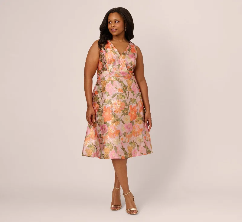 Wedding guest dresses that pair well with gold accessories -Plus Size Metallic Floral Jacquard Midi Dress In Yellow Orange Multi Wedding guest dresses that pair well with gold accessories -Plus Size Metallic Floral Jacquard Midi Dress In Yellow Orange Multi