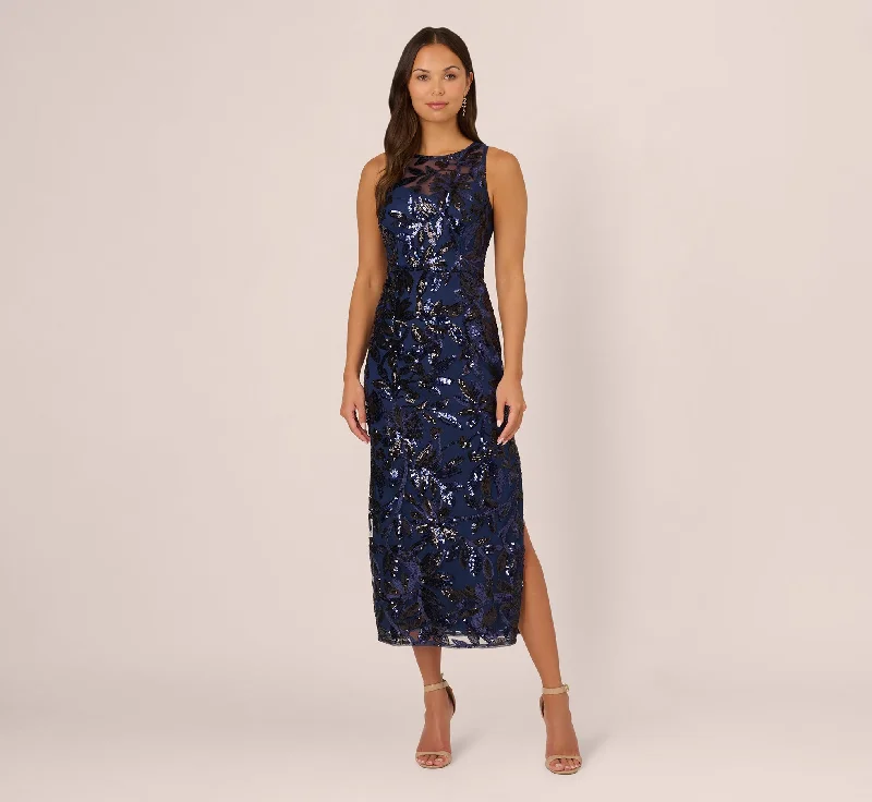 formal dresses with satin belts for waist definition --Sequin Leaf Halter Column Gown With Sheer Neckline In Navy Black formal dresses with satin belts for waist definition --Sequin Leaf Halter Column Gown With Sheer Neckline In Navy Black