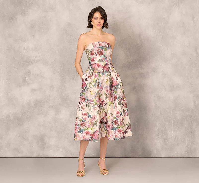Affordable wedding guest dresses that look luxurious -Strapless Floral Jacquard Midi Dress In Pink Multi Affordable wedding guest dresses that look luxurious -Strapless Floral Jacquard Midi Dress In Pink Multi