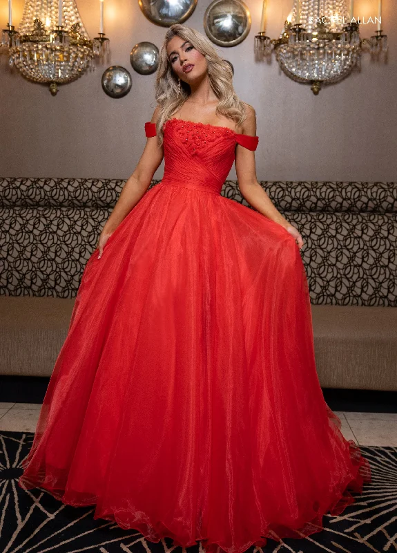 formal dresses with floral embroidery for spring occasions --Off Shoulder A-line Slit Gown by Rachel Allan 70865 formal dresses with floral embroidery for spring occasions --Off Shoulder A-line Slit Gown by Rachel Allan 70865