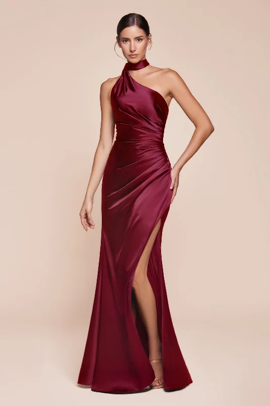 bridesmaid dresses with chiffon overlays for soft texture --Satin Fitted One Shoulder Slit Gown by Ladivine 7454 bridesmaid dresses with chiffon overlays for soft texture --Satin Fitted One Shoulder Slit Gown by Ladivine 7454
