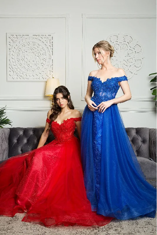 cocktail dresses with open backs for summer parties --Embroidered Off Shoulder A-line Gown by Juno A1012