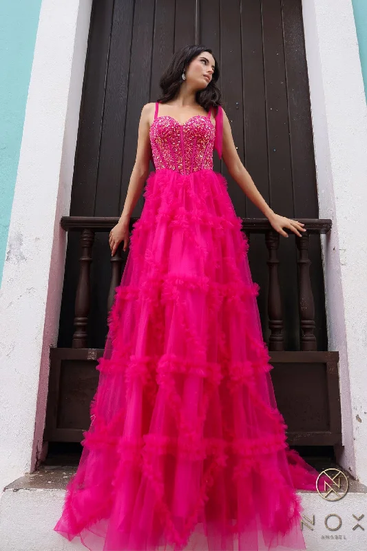 cocktail dresses with open shoulder designs for summer --Beaded Sleeveless Corset Ruffled Gown by Nox Anabel T1340