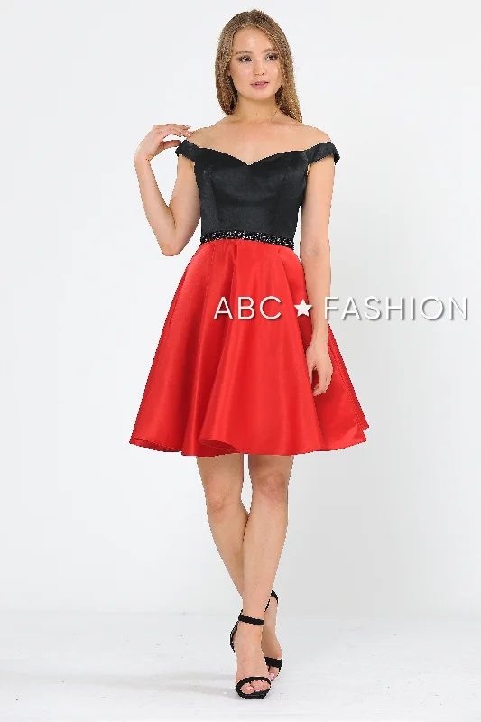 Graduation dresses with delicate ruffles for a soft touch -Two-Tone Short Off the Shoulder Dress by Poly USA 8532 Graduation dresses with delicate ruffles for a soft touch -Two-Tone Short Off the Shoulder Dress by Poly USA 8532