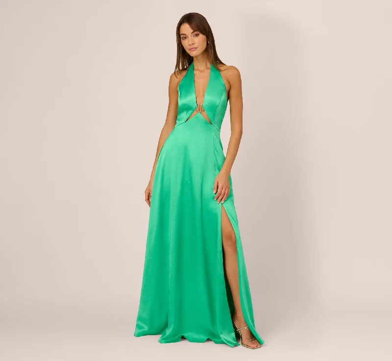 formal dresses with off-shoulder sleeves for summer events --Satin Halter Gown With Cutout Bodice And Metal Accent In Flora formal dresses with off-shoulder sleeves for summer events --Satin Halter Gown With Cutout Bodice And Metal Accent In Flora