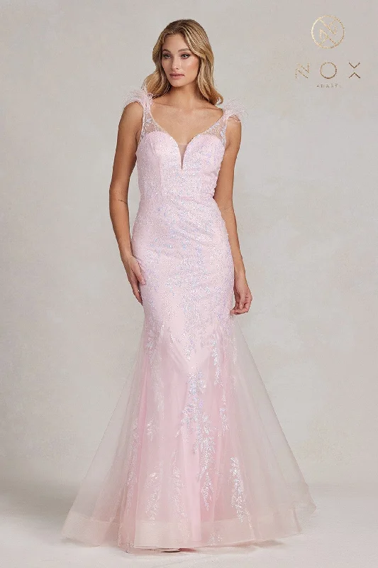 formal dresses with sleeves for office parties --Embellished Feather Mermaid Gown by Nox Anabel T1208 formal dresses with sleeves for office parties --Embellished Feather Mermaid Gown by Nox Anabel T1208