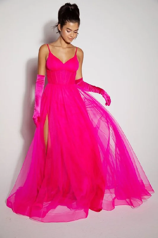 cocktail dresses with lace sleeves for modesty --Tulle Sleeveless A-line Slit Gown by Eureka 9177