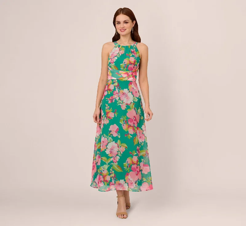 Simple spring dresses for a minimalist style -Floral Chiffon Halter Midi Dress In Green Multi Simple spring dresses for a minimalist style -Floral Chiffon Halter Midi Dress In Green Multi