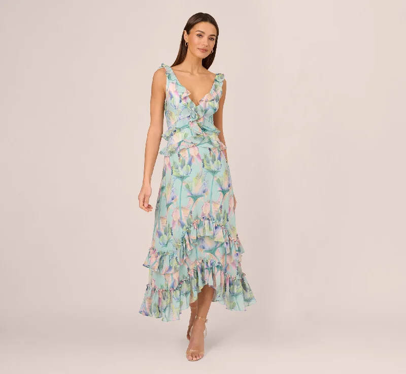 formal dresses for plus size women with A-line skirts --Sleeveless Floral Print High Low Maxi Dress With Ruffle Trim In Mint Multi formal dresses for plus size women with A-line skirts --Sleeveless Floral Print High Low Maxi Dress With Ruffle Trim In Mint Multi