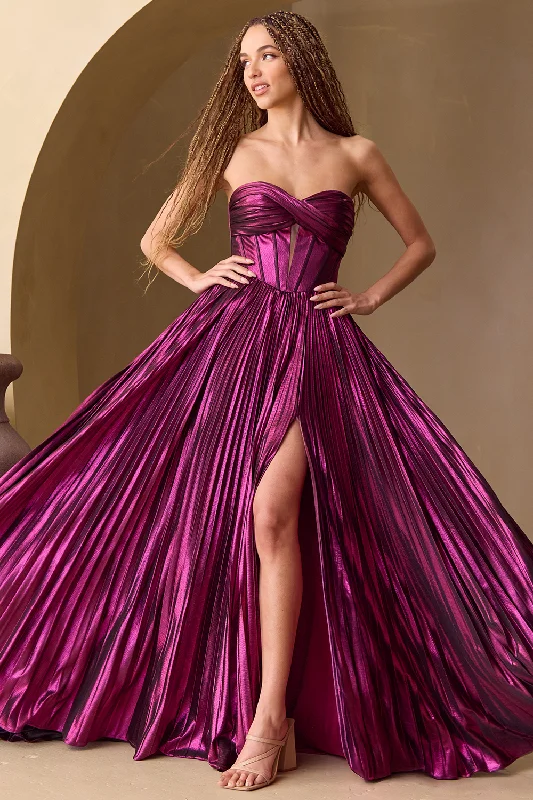 cocktail dresses with mesh necklines for modern appeal --Metallic Strapless A-line Gown by Amelia Couture 2058