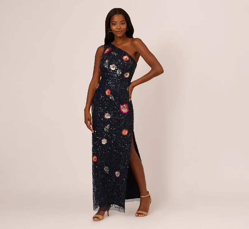 formal dresses for tall women with high slits --One Shoulder Floral Bead Dress In Navy Multi formal dresses for tall women with high slits --One Shoulder Floral Bead Dress In Navy Multi