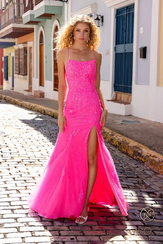 cocktail dresses with mesh necklines for modern appeal --Fitted Sleeveless Lace Tulle Slit Gown by Nox Anabel P1401
