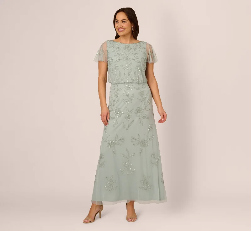 Short dresses for wedding guests who want to show off their legs -Plus Size Flutter Sleeve Floral Beaded Blouson Gown In Aqua Dust Short dresses for wedding guests who want to show off their legs -Plus Size Flutter Sleeve Floral Beaded Blouson Gown In Aqua Dust