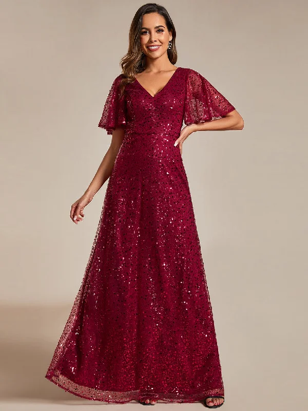 formal dresses with built-in cooling technology for hot climates --Shiny Sequin V Neck Evening Dress With Short Sleeves formal dresses with built-in cooling technology for hot climates --Shiny Sequin V Neck Evening Dress With Short Sleeves