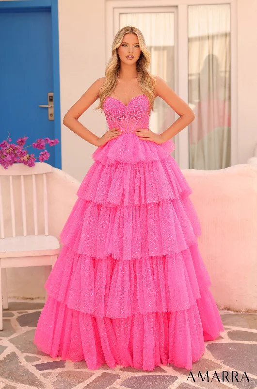 Wedding guest dresses with pleated details for added texture -Glitter Strapless A-line Layered Gown by Amarra 88131 Wedding guest dresses with pleated details for added texture -Glitter Strapless A-line Layered Gown by Amarra 88131