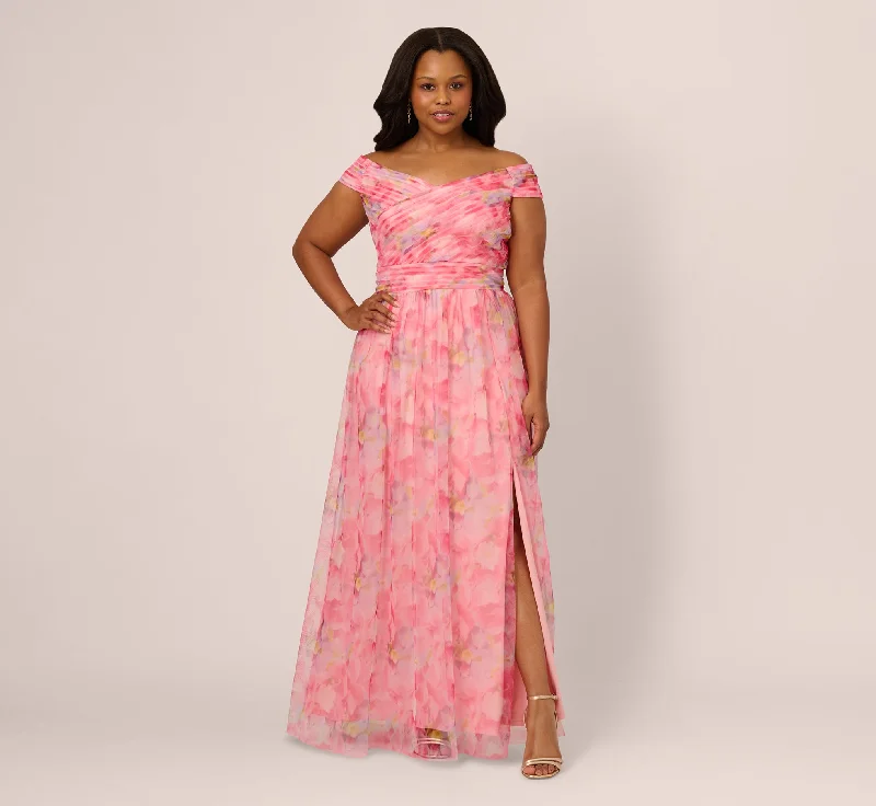 formal dresses for business galas with sleek designs --Plus Size Off Shoulder Watercolor Print Tulle Gown In Pink Multi formal dresses for business galas with sleek designs --Plus Size Off Shoulder Watercolor Print Tulle Gown In Pink Multi