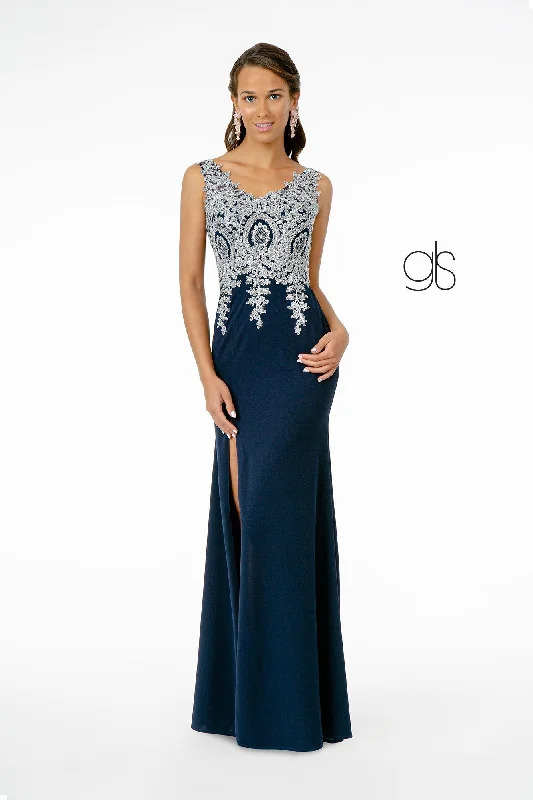 bridesmaid dresses with side slits for ease of walking --Lace Applique Long Fitted V-Neck Dress by Elizabeth K GL1839