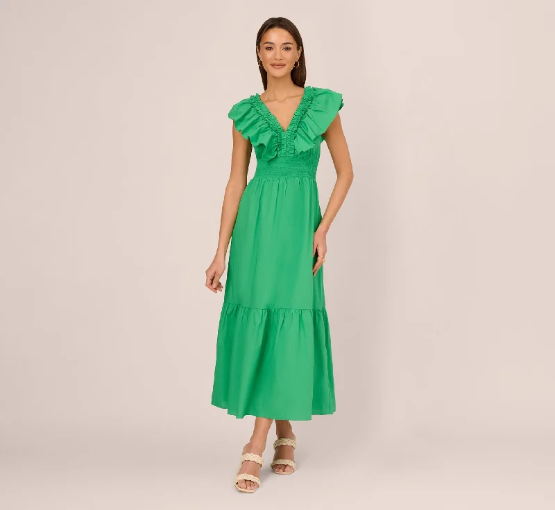 Spring dresses for casual outings with your friends -Ruffled Maxi Dress With Shirred Details In Green Spring dresses for casual outings with your friends -Ruffled Maxi Dress With Shirred Details In Green