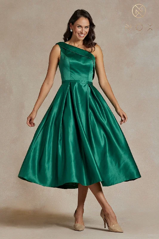 Graduation dresses with chiffon fabric for lightness -One Shoulder Tea Length Dress by Nox Anabel JE931 Graduation dresses with chiffon fabric for lightness -One Shoulder Tea Length Dress by Nox Anabel JE931