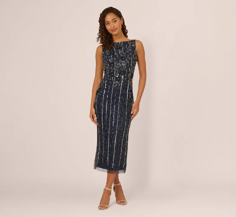 Wedding guest dresses with minimalist patterns for understated elegance -Sleeveless 3D Beaded Ankle Length Dress In Navy Gunmetal Wedding guest dresses with minimalist patterns for understated elegance -Sleeveless 3D Beaded Ankle Length Dress In Navy Gunmetal