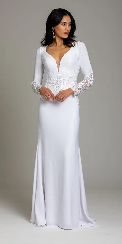 Wedding guest dresses with fitted bodices for a flattering fit -Crepe Embroidered Long Sleeve Illusion Back Column Dress
