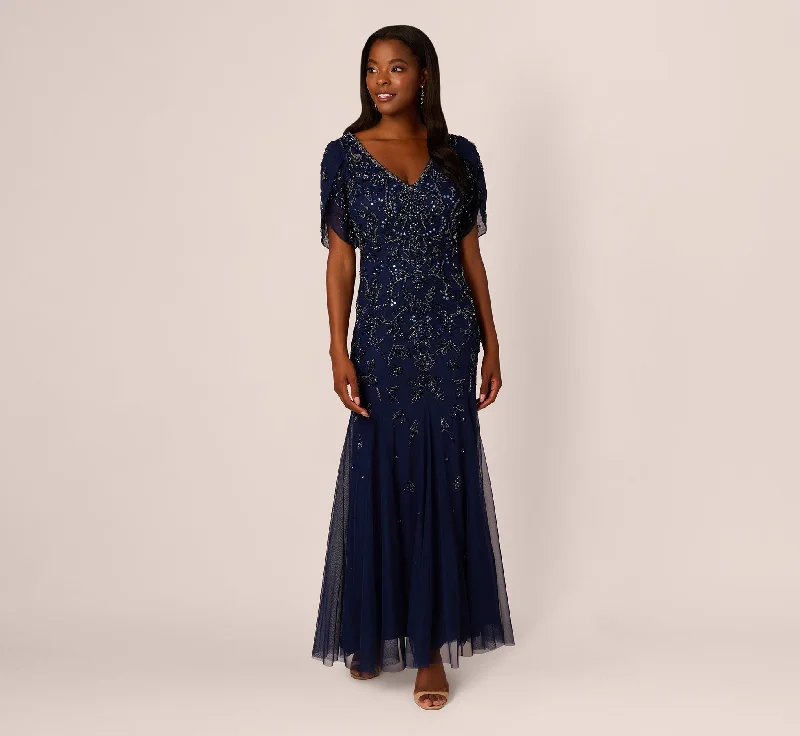 formal dresses for students attending award ceremonies --Beaded Mermaid Gown With Sheer Petal Sleeves In Light Navy formal dresses for students attending award ceremonies --Beaded Mermaid Gown With Sheer Petal Sleeves In Light Navy