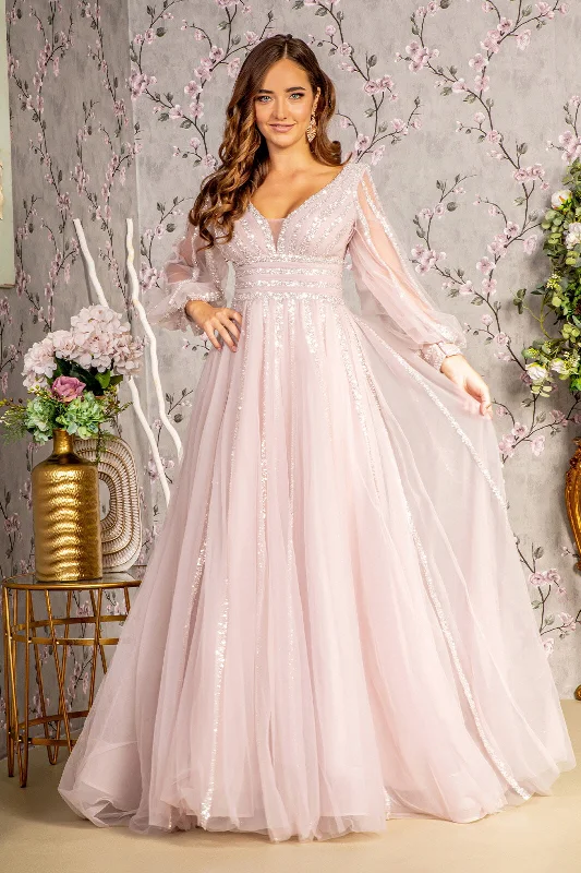 Wedding guest dresses in jewel tones for fall and winter weddings -Sequin Long Sleeve A-line Mesh Gown by GLS Gloria GL3495 - Outlet Wedding guest dresses in jewel tones for fall and winter weddings -Sequin Long Sleeve A-line Mesh Gown by GLS Gloria GL3495 - Outlet